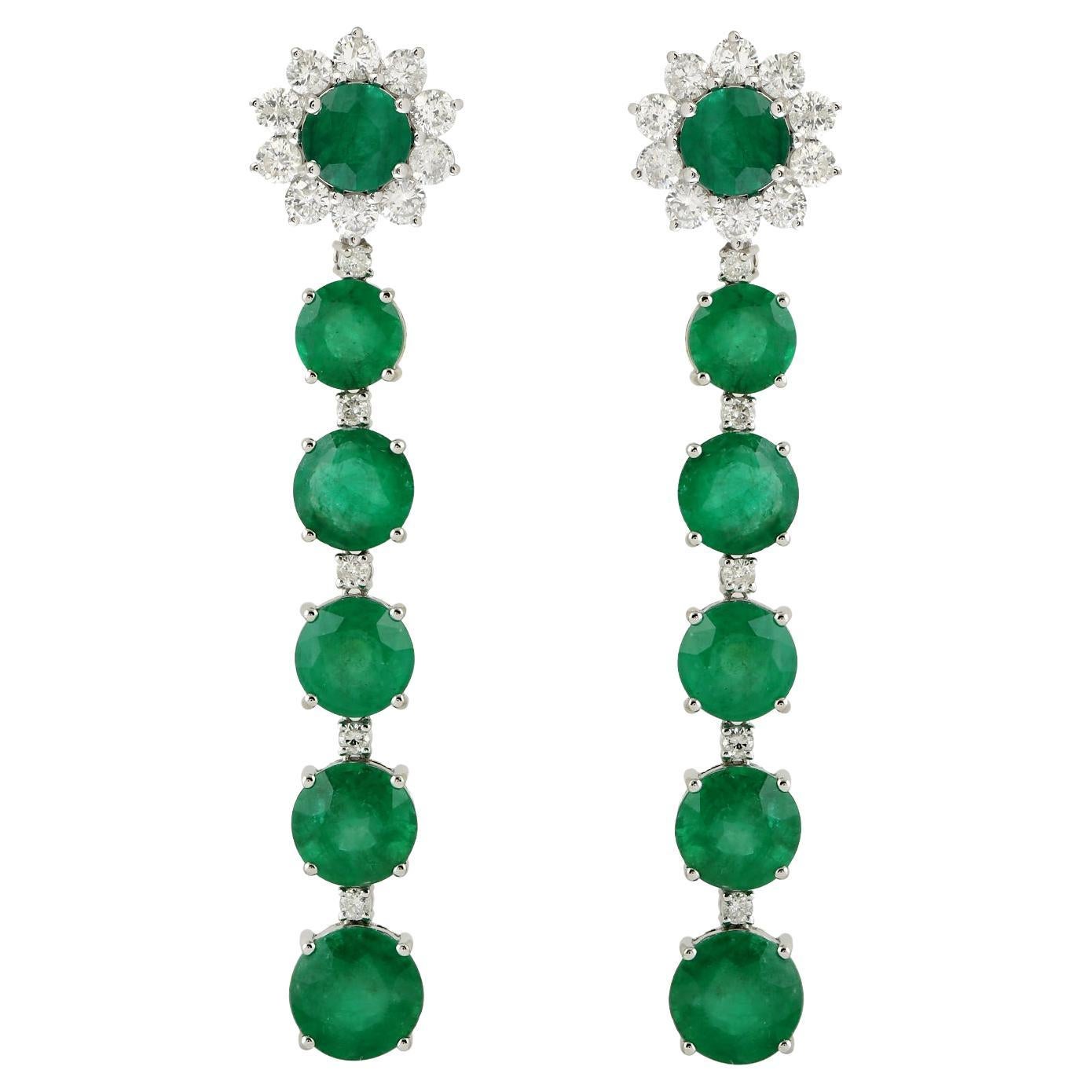 Multi Tier Long Earrings With Round Emerald & Diamonds In 18k White Gold   For Sale