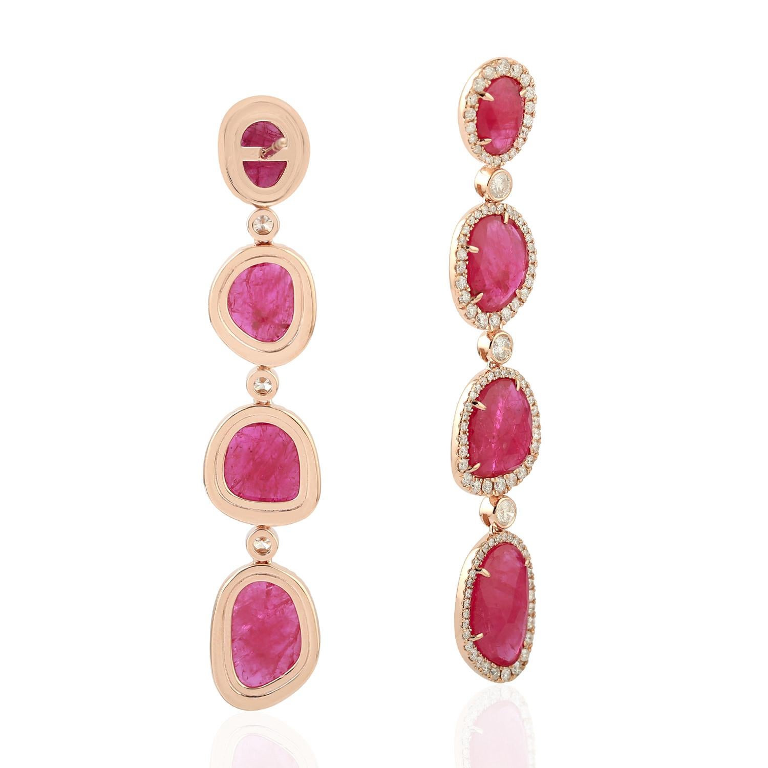 Art Deco Multi Tier Mosambic Ruby Dangle Earrings With Diamonds Made In 18k Rose Gold For Sale