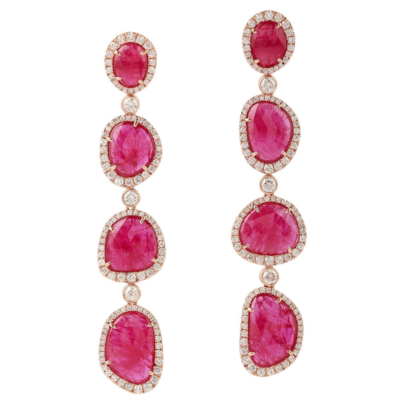 Multi Tier Mosambic Ruby Dangle Earrings With Diamonds Made In 18k Rose Gold For Sale