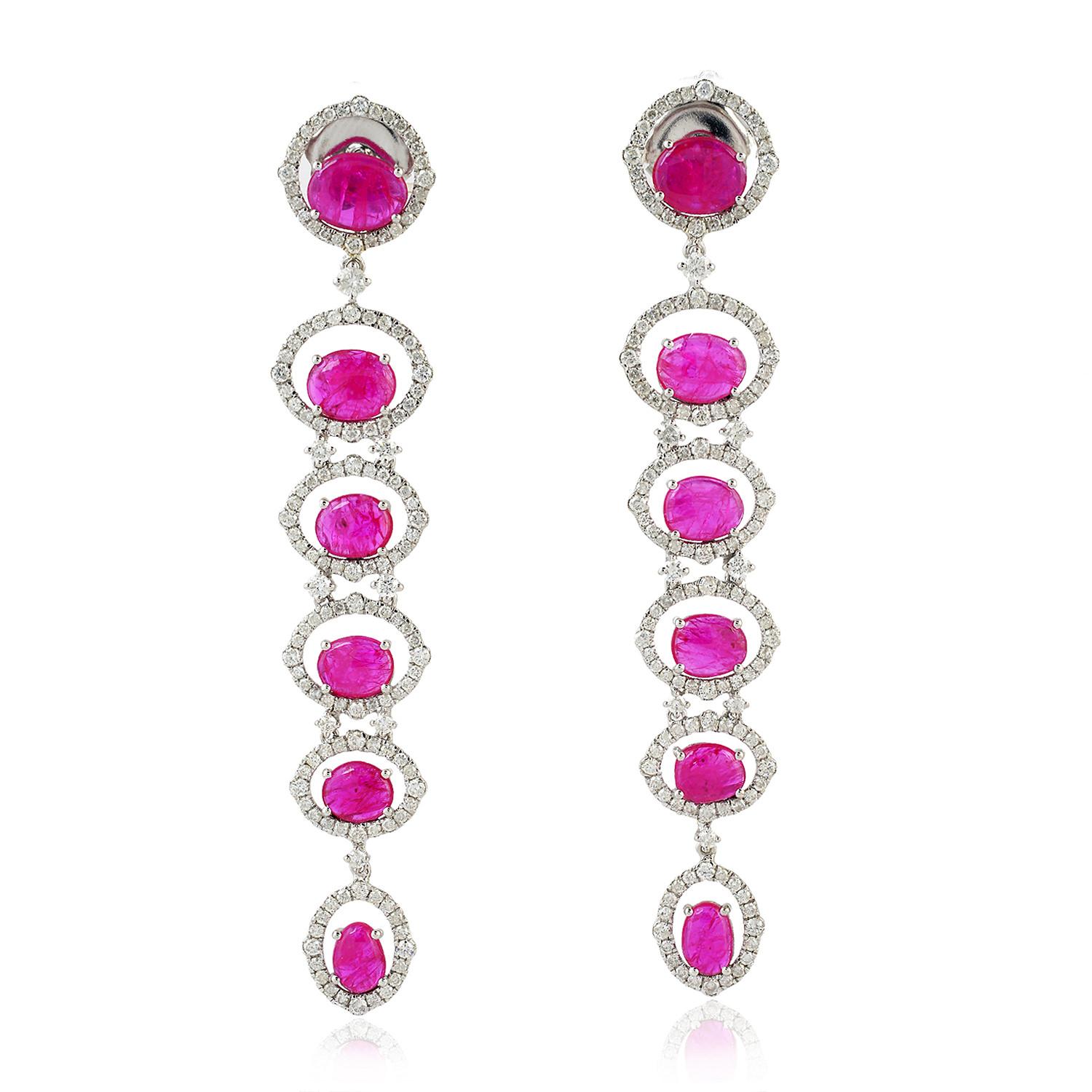 Multi Tier Ruby Dangle Earrings With Diamonds Made In 18k White Gold In New Condition For Sale In New York, NY