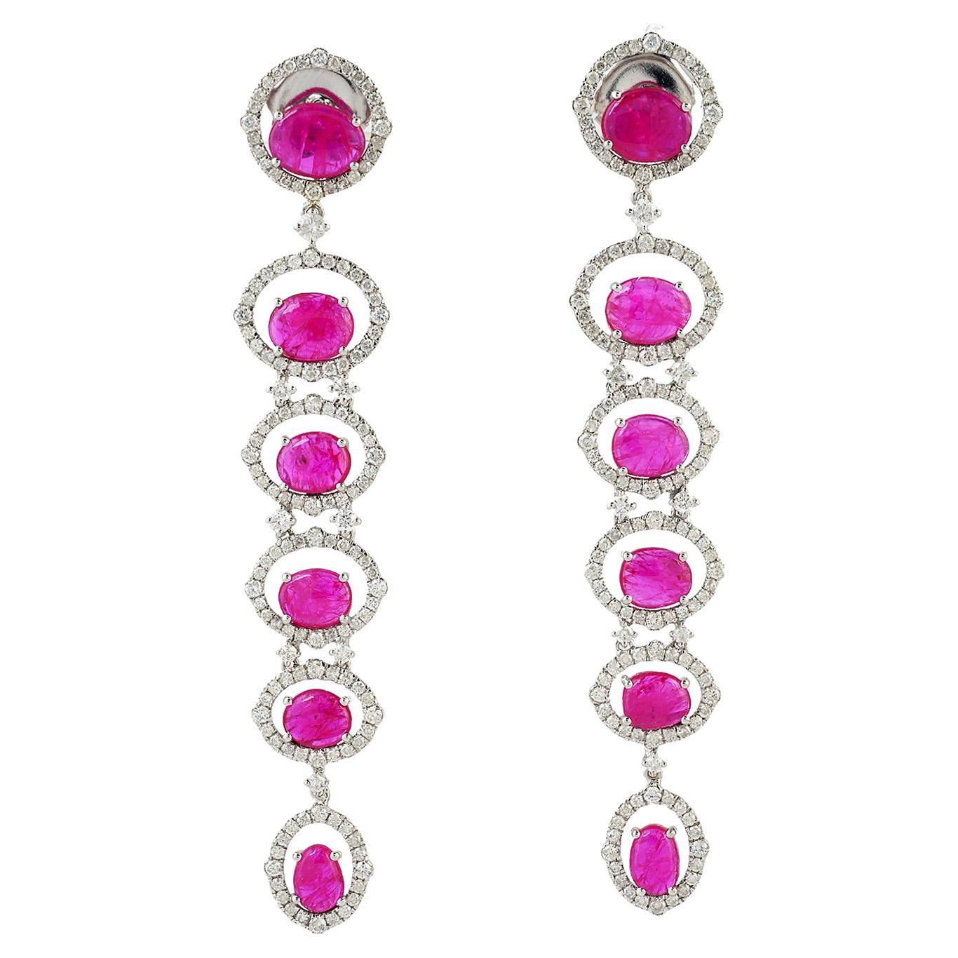 Multi Tier Ruby Dangle Earrings With Diamonds Made In 18k White Gold For Sale
