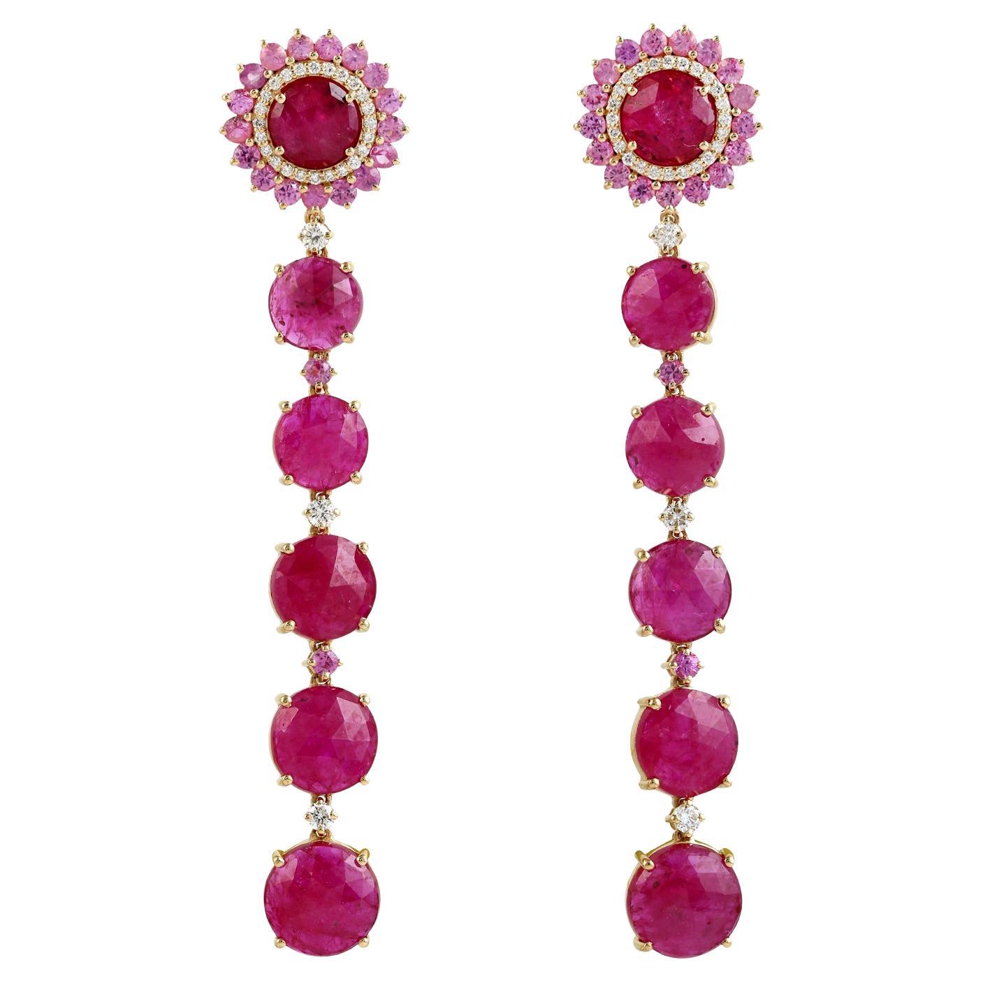 Pendientes Colgantes Múltiples de Rubí y Zafiro Rosa en Oro Amarillo de 18k