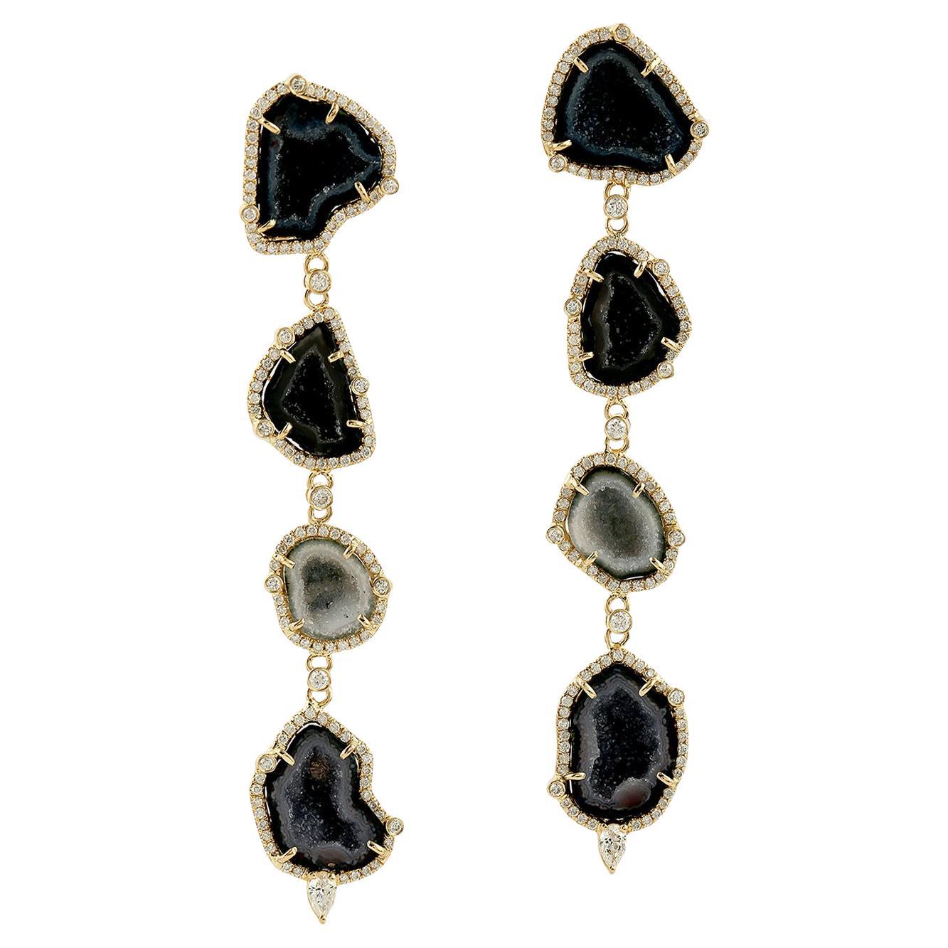 Multi Tier Sliced Geode Dangle Earrings With Diamonds Made In 18k yellow Gold For Sale