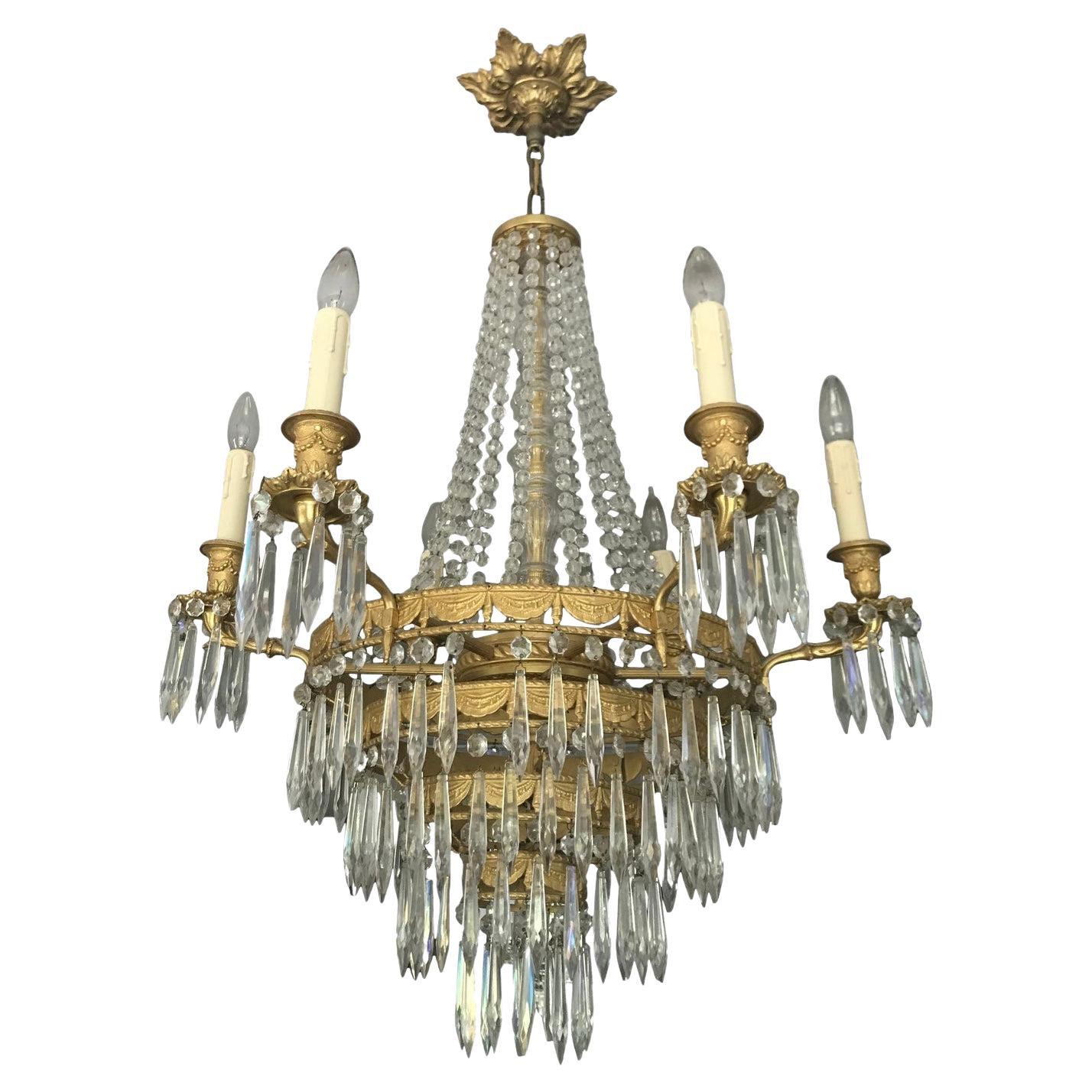 Multi Tiered Romantic French Bronze Dore & Crystal Chandelier For Sale