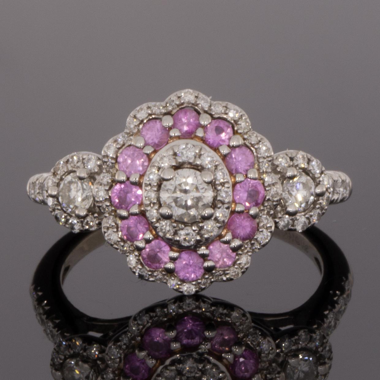 Multi-Tone Gold Round Diamond and Pink Sapphire Oval Halo Engagement Ring In Excellent Condition In Columbia, MO