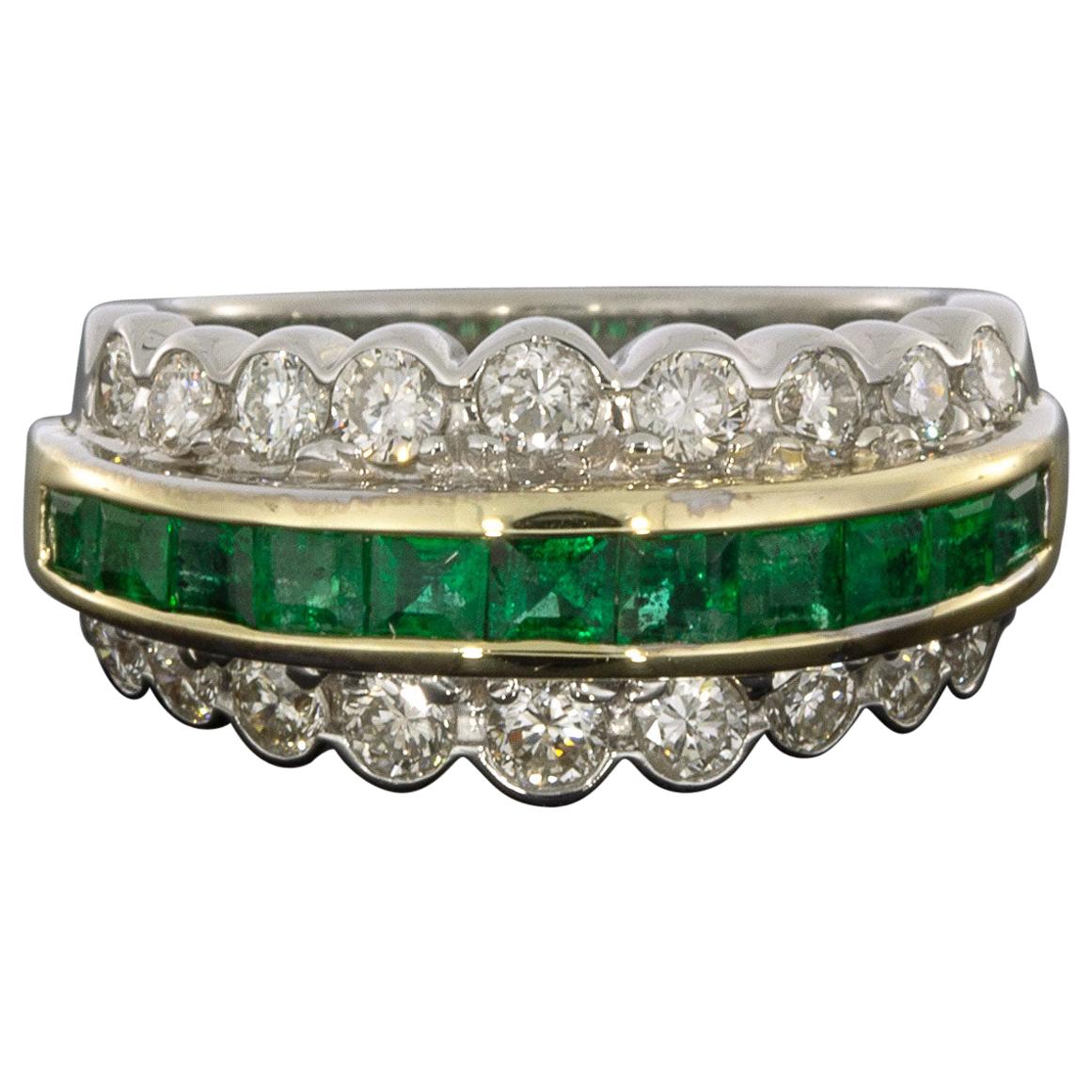 Multi-Tone Gold 2.00 Carat Emerald and Diamond Unique Scalloped Ring