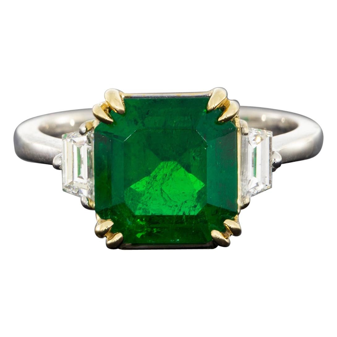 Gold 2.89 Carat GIA Certified Emerald Cut Emerald & Diamond Three-Stone Ring