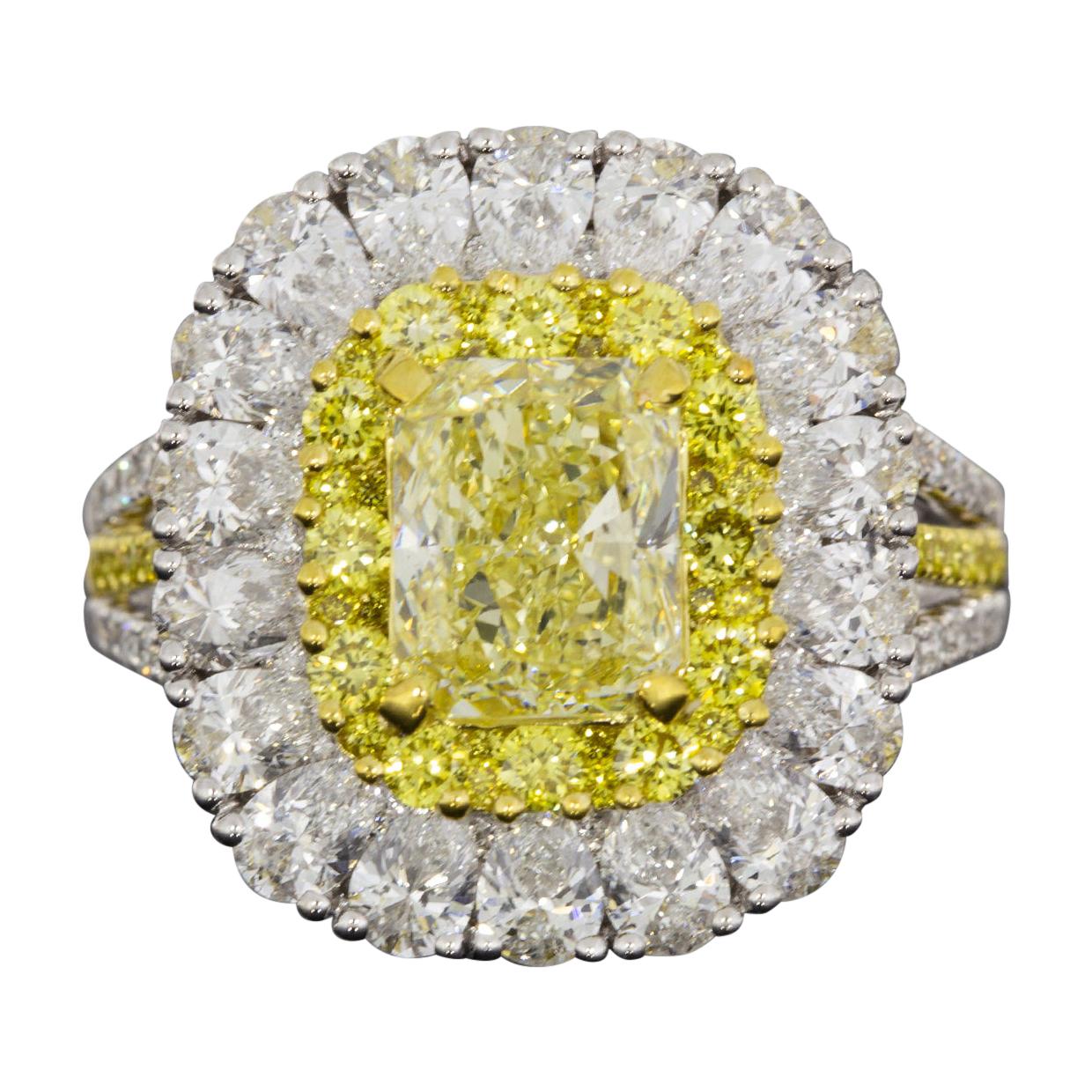 4.92 Carat GIA Certified Fancy Light Yellow Radiant Diamond Halo Engagement Ring