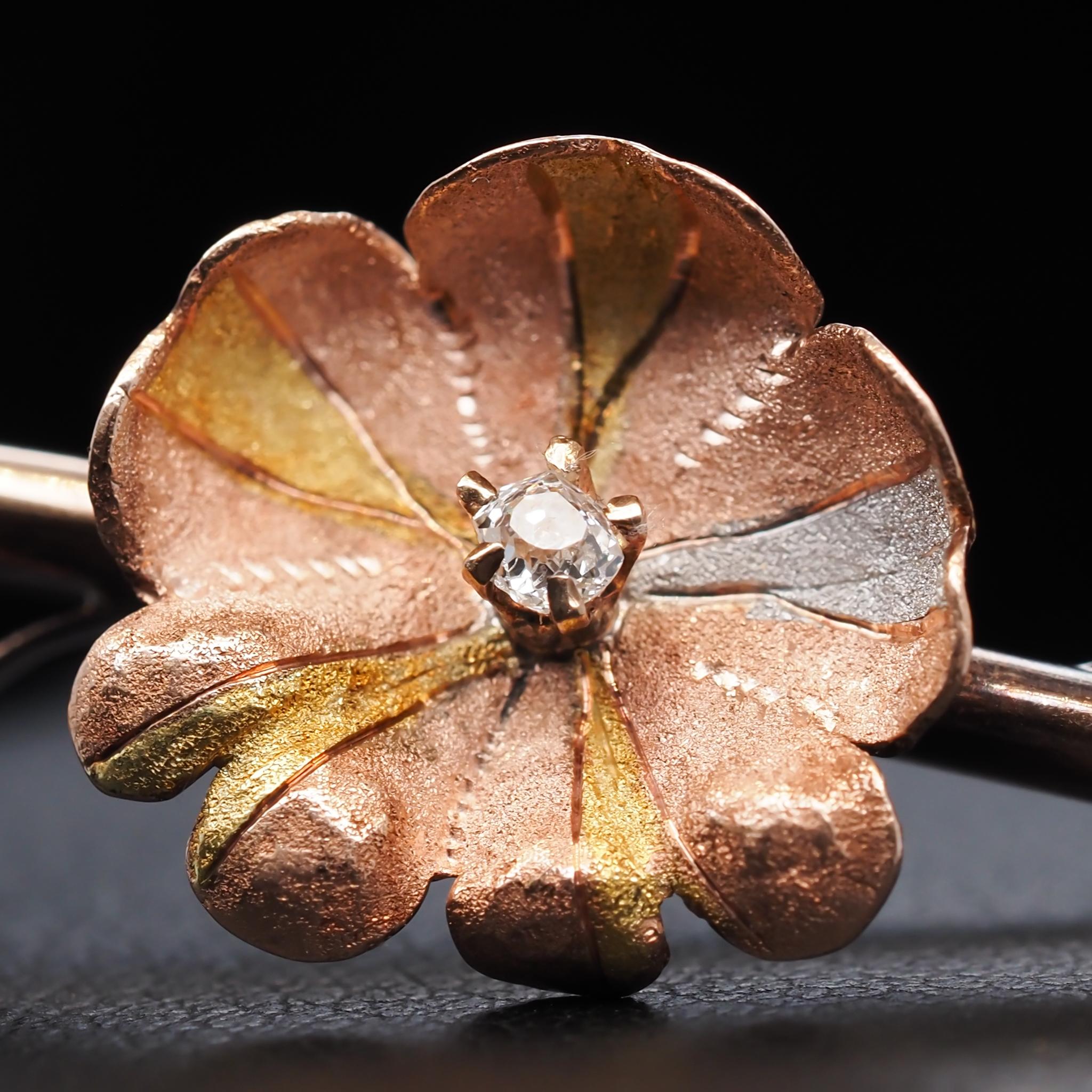 Women's or Men's Multi Tone Gold and Old Mine Diamond Floral Brooch Pin For Sale