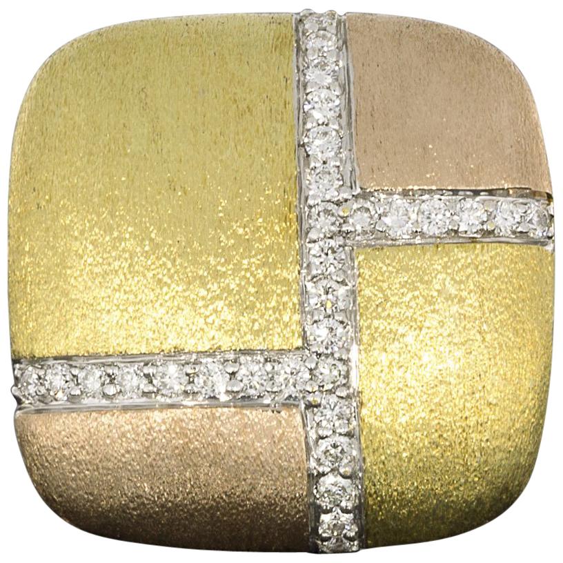 Multi-Tone Tricolor Gold and Diamond Geometric Statement Ring