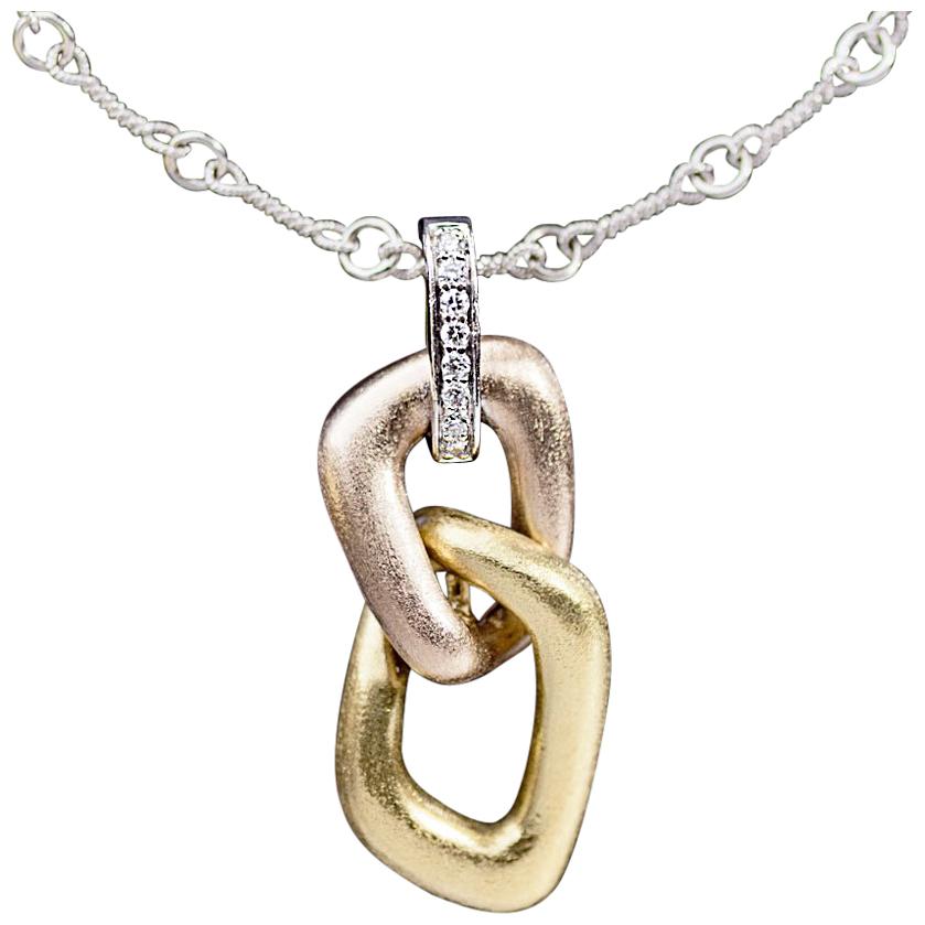 Multi-Tone Tricolor Gold Round Diamond Open Link Drop Pendant Necklace For Sale