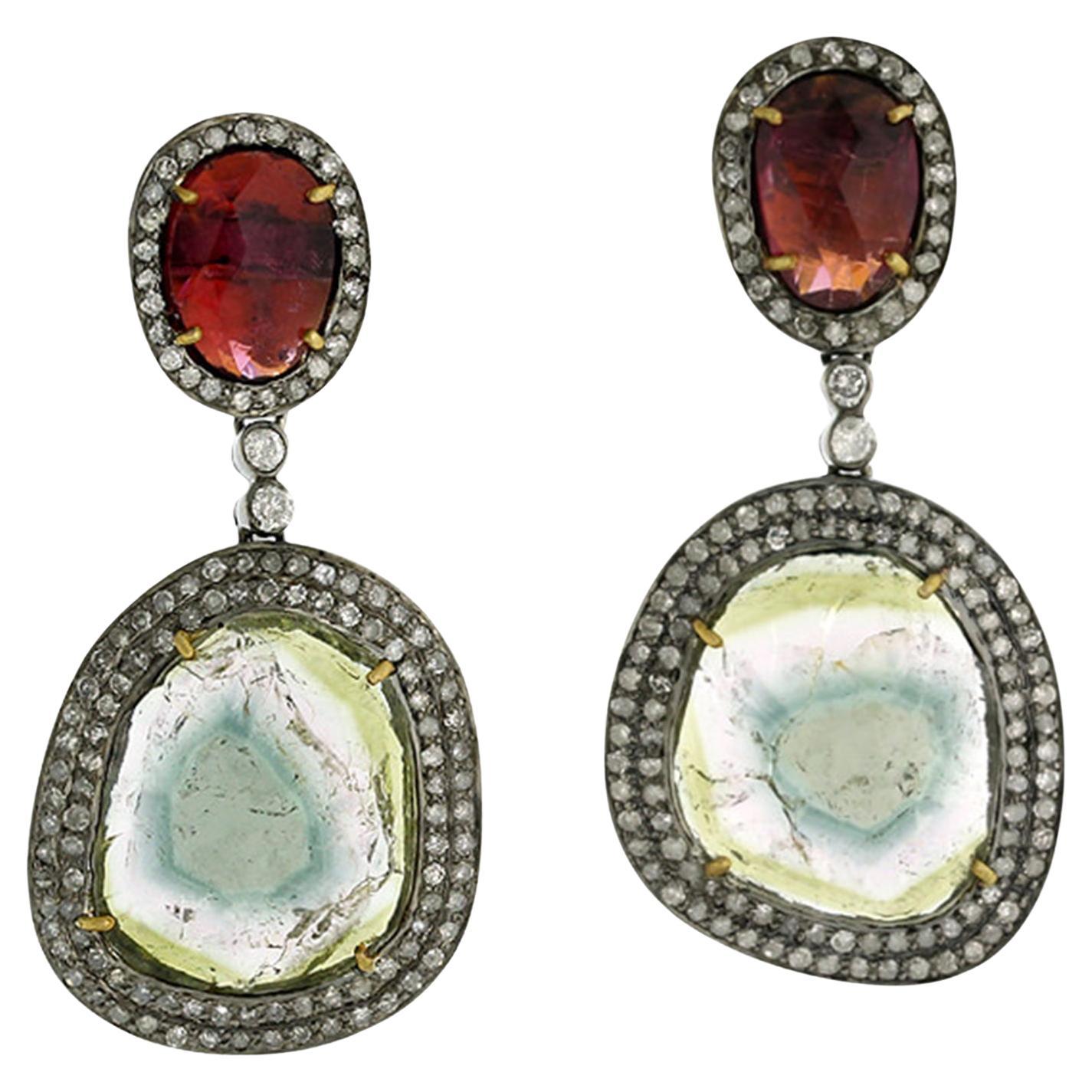 Multi Tourmaline 2 Tier Dangle Earrings With Diamonds Made In 18k Gold & Silver For Sale