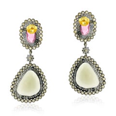 Multi Tourmaline 2 Tier Dangle Earrings With Pearl Made In 18k Gold & Silver
