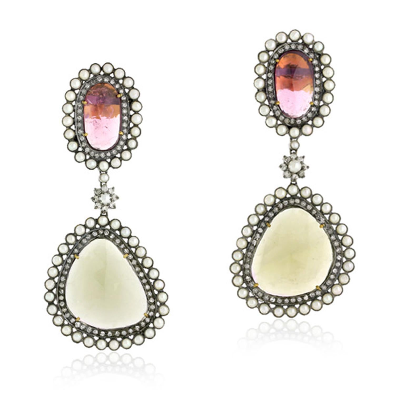 Art Deco Multi Tourmaline 2 Tier Dangle Earrings With Pearl Made In 18k Gold & Silver For Sale