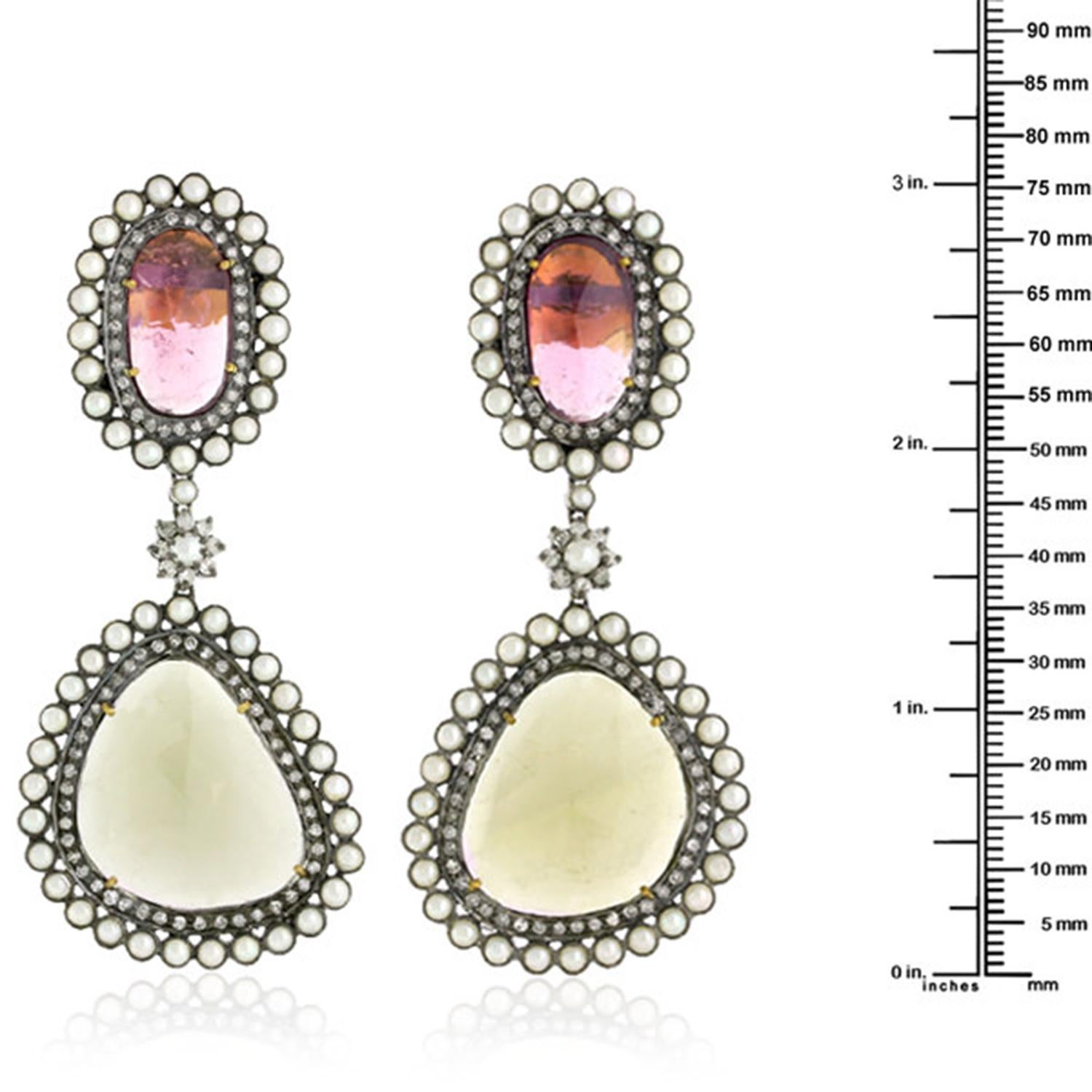 Multi Tourmaline 2 Tier Dangle Earrings With Pearl Made In 18k Gold & Silver In New Condition For Sale In New York, NY