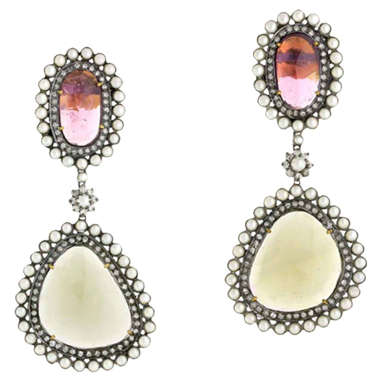 Multi Tourmaline 2 Tier Dangle Earrings With Pearl Made In 18k Gold & Silver For Sale