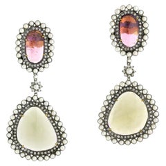 Multi Tourmaline 2 Tier Dangle Earrings With Pearl Made In 18k Gold & Silver