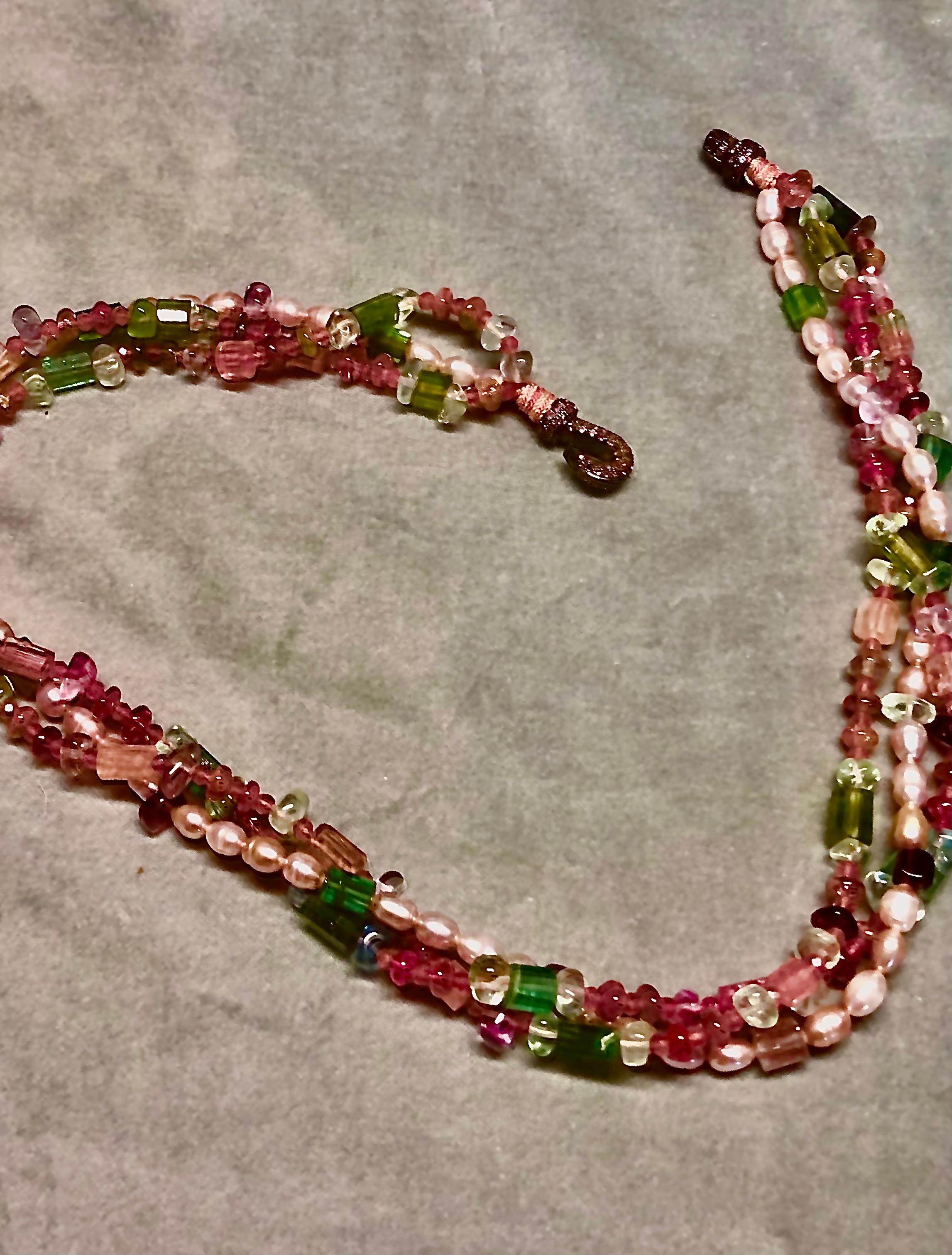 Ultra pretty, stunning tourmaline and pink cultured pink baroque freshwater pearls torsade multi strand necklace with blackened sterling silver and pink sapphire pave hook and eye clasp. Pink, deep pink, rich green and indicolite tourmaline nugget