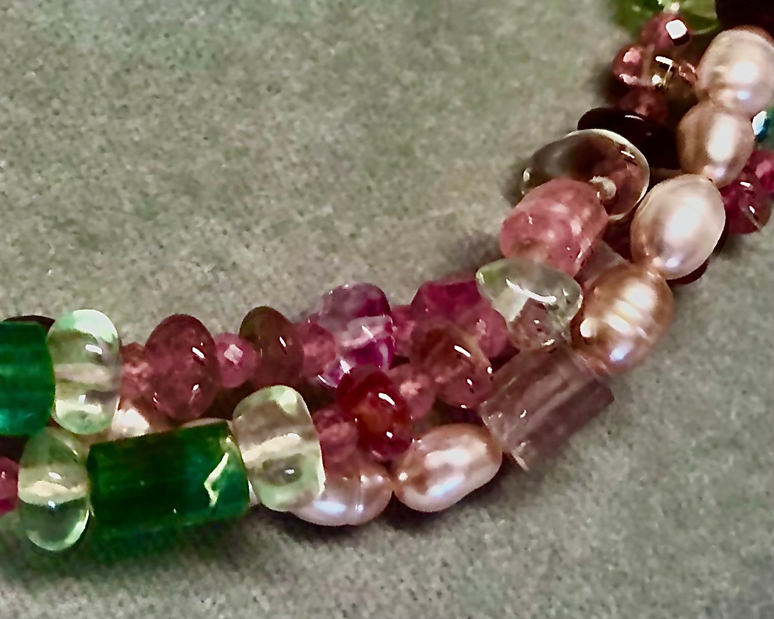 Artisan Multi tourmaline and pink baroque necklace For Sale