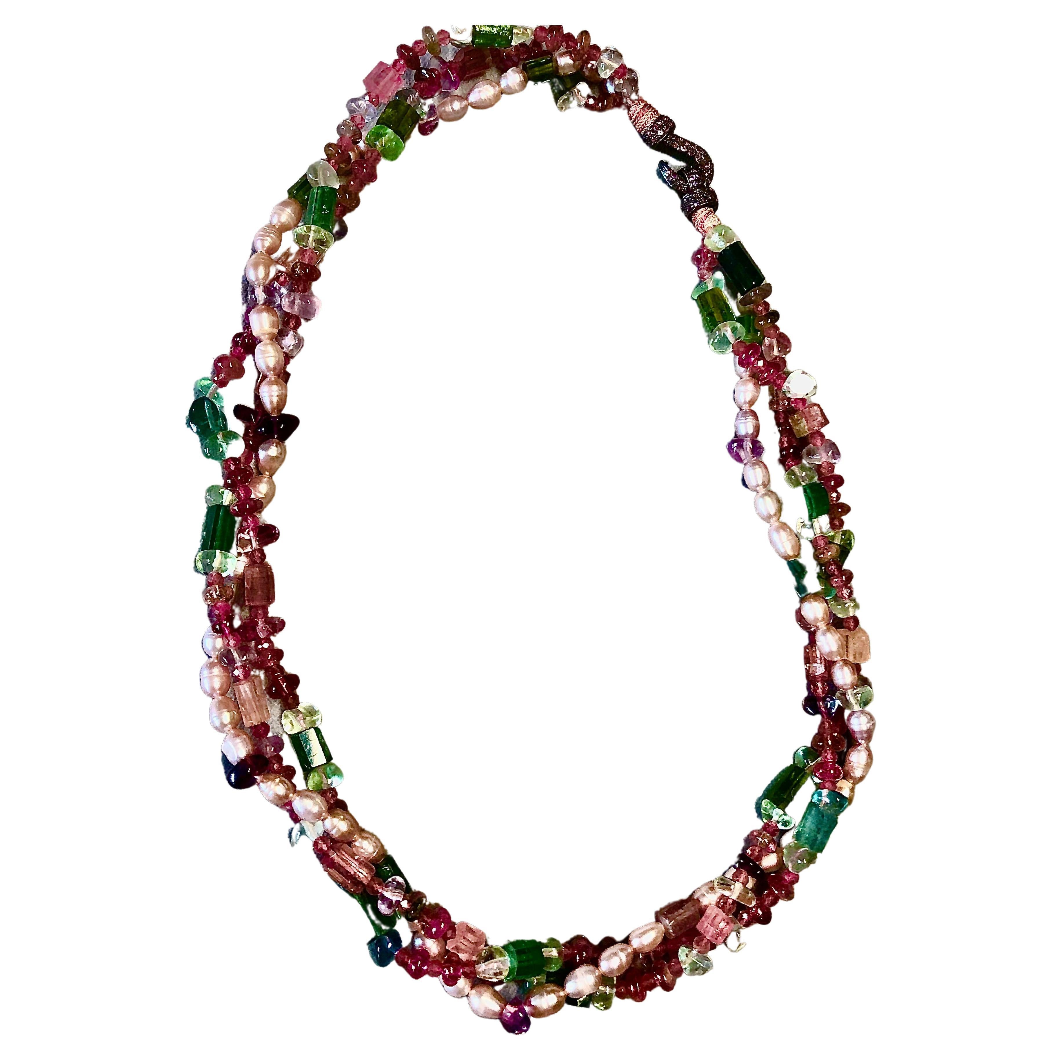 Multi tourmaline and pink baroque necklace For Sale