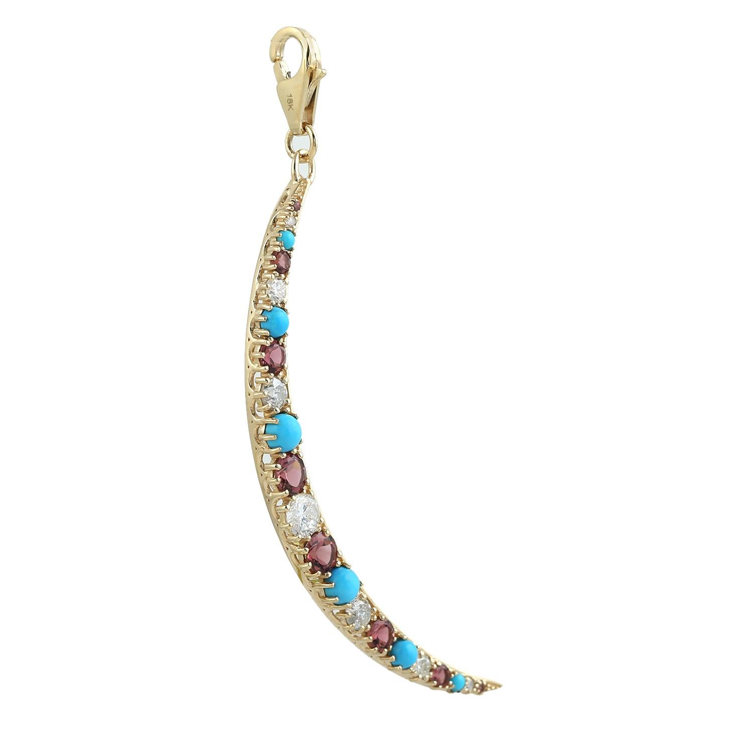 Multi Tourmaline Crescent Moon Pendant With Turquoise & Diamonds (Art déco) im Angebot