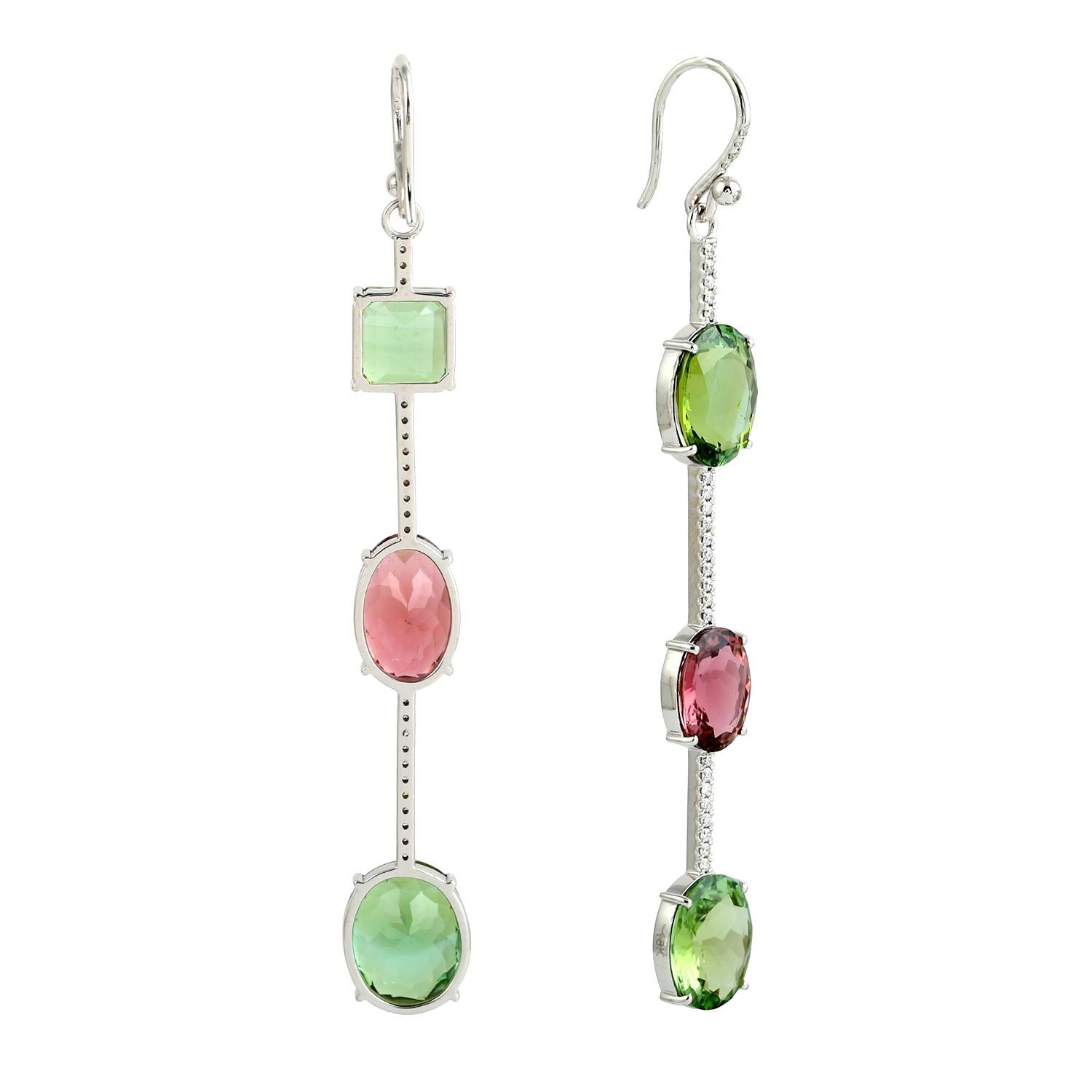 Mint & Pink Tourmaline Dangle Earrings With Diamonds Made In 18k White Gold Corte mixto en venta