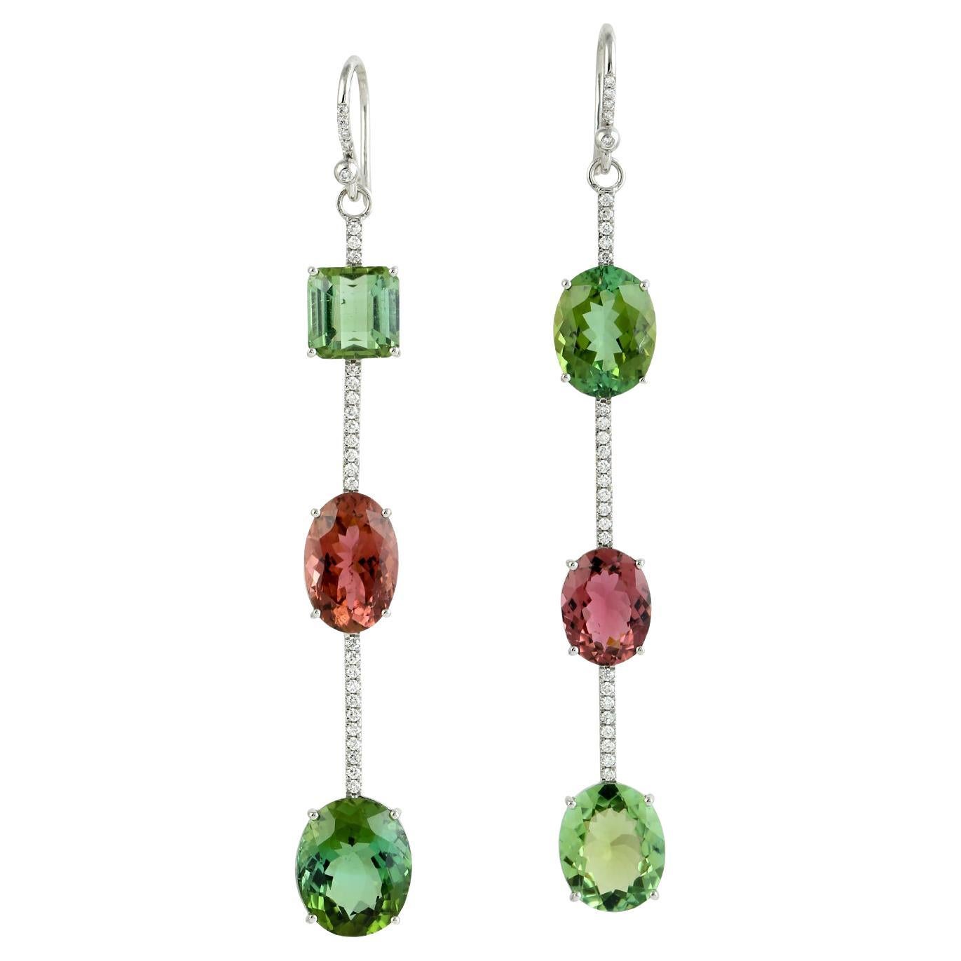 Mint & Pink Tourmaline Dangle Earrings With Diamonds Made In 18k White Gold