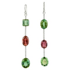 Mint & Pink Tourmaline Dangle Earrings With Diamonds Made In 18k White Gold