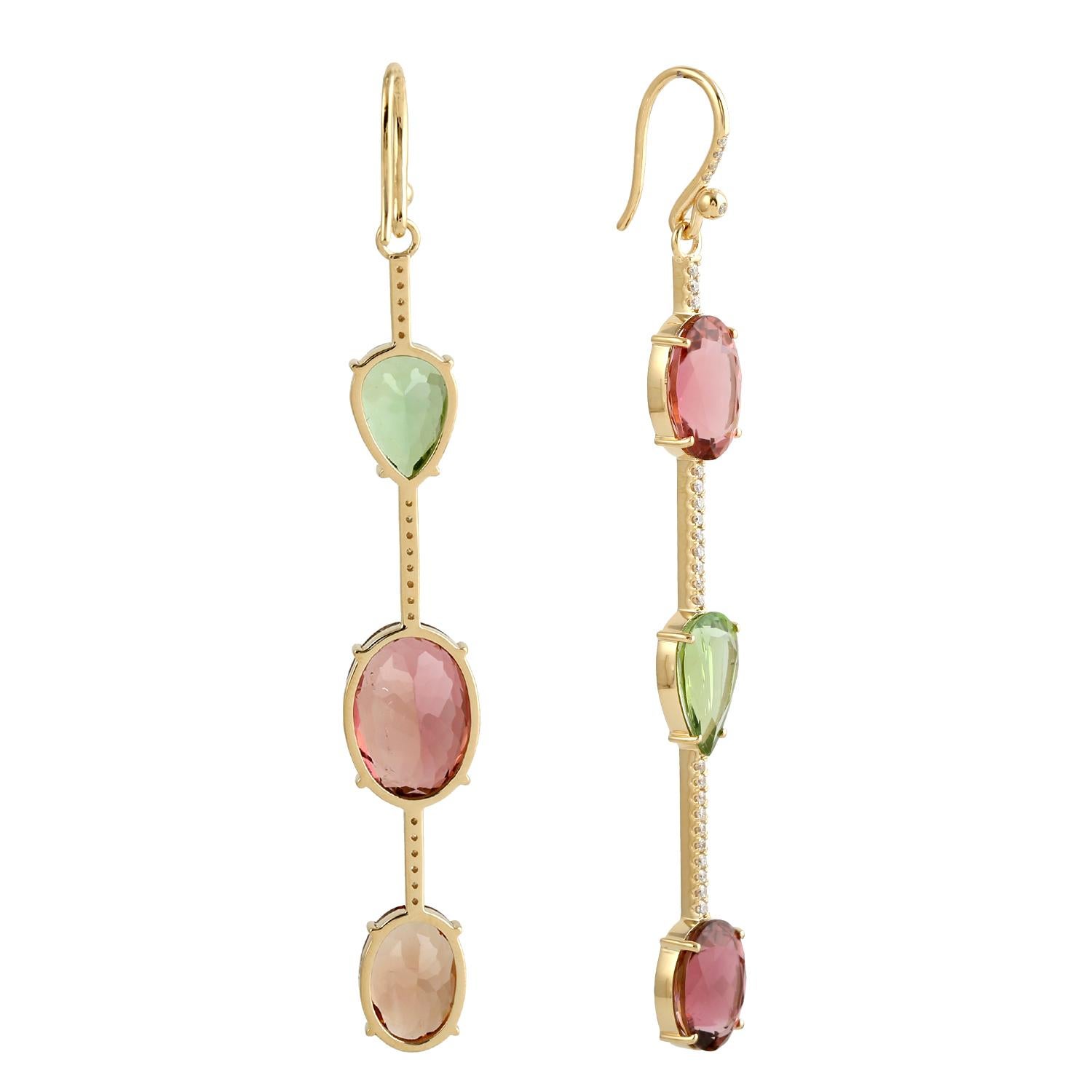 Mint & Pink Tourmaline Dangle Earrings With Diamonds Made In 18k Yellow Gold Corte mixto en venta