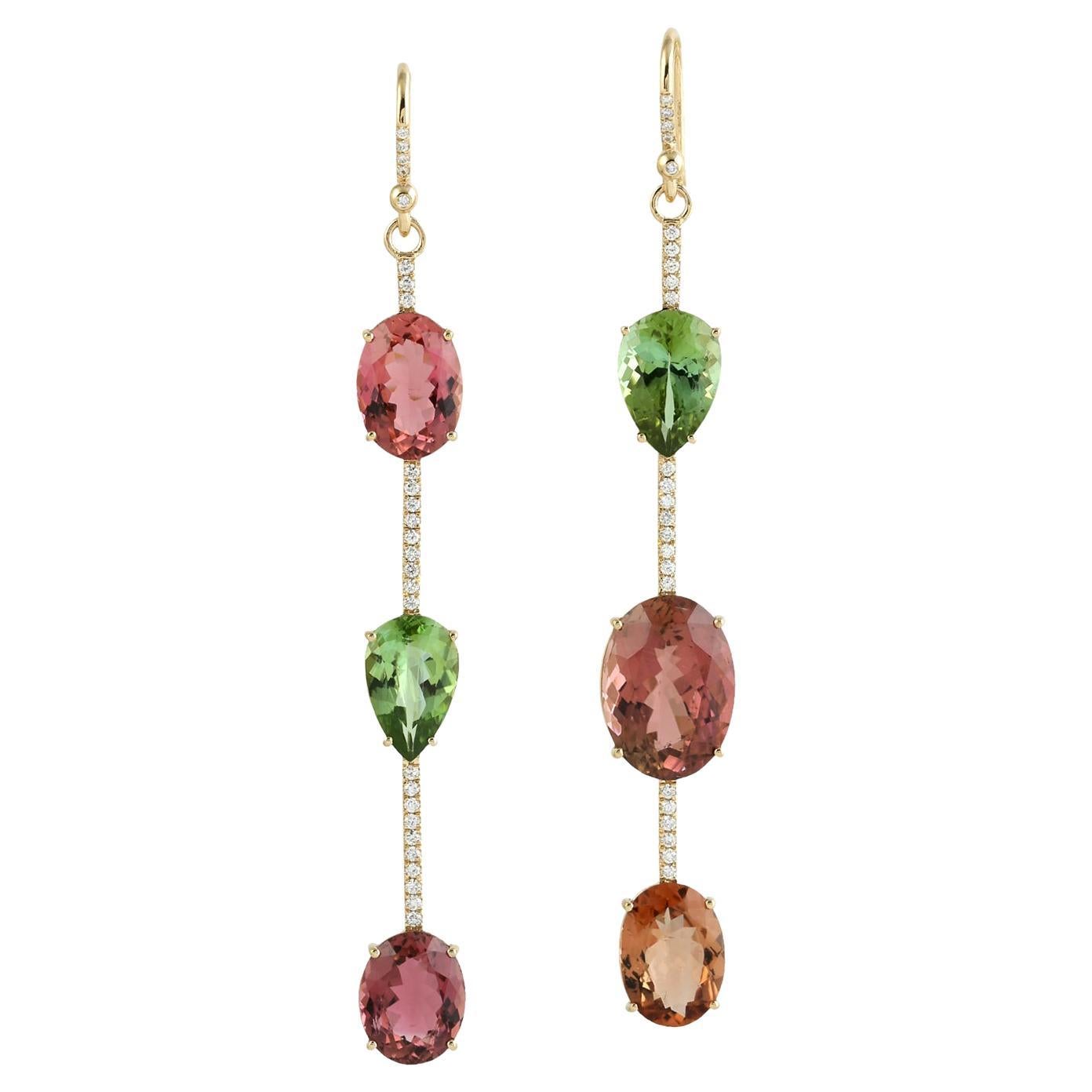 Mint & Pink Tourmaline Dangle Earrings With Diamonds Made In 18k Yellow Gold