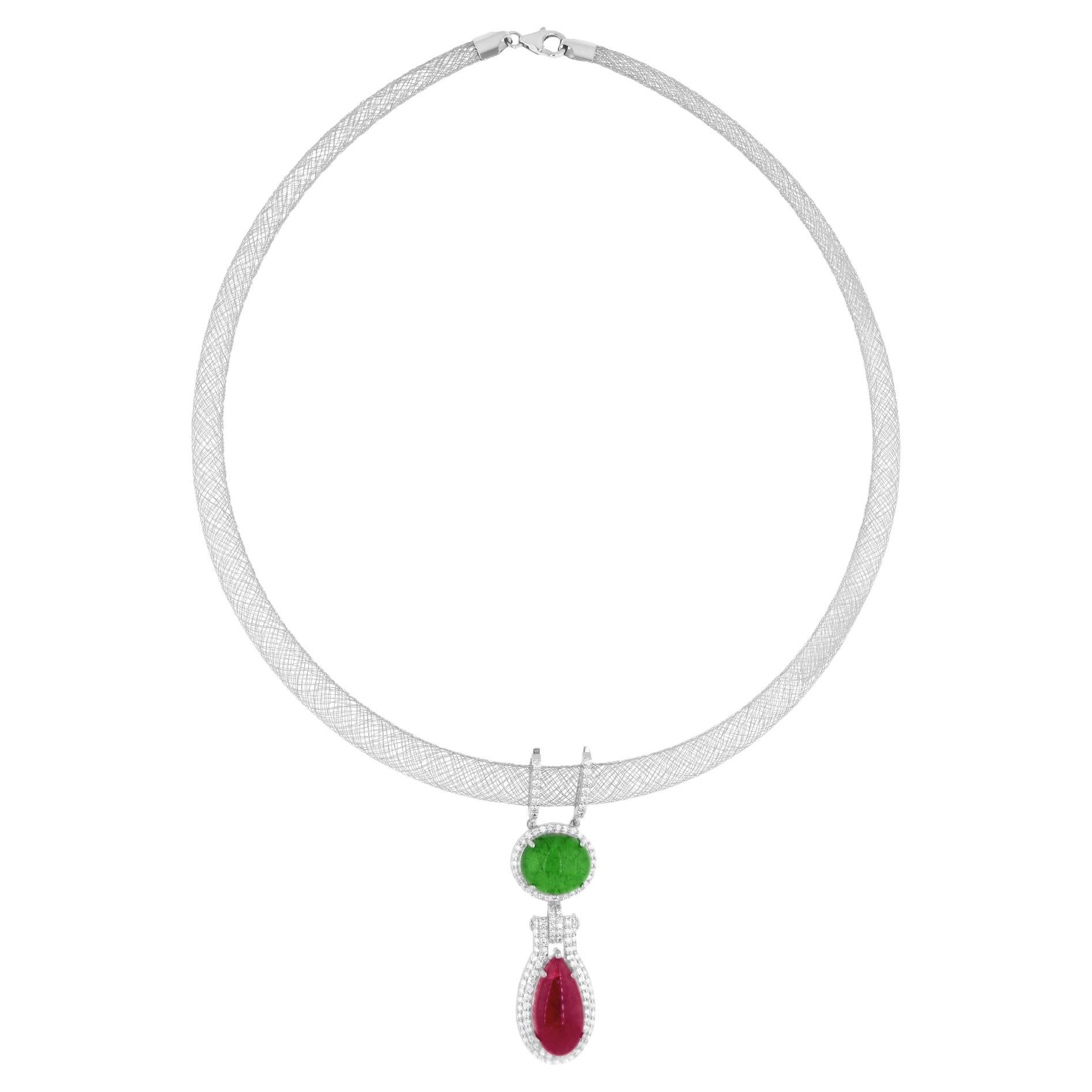 Collier à pendentifs en or blanc 14 carats avec diamants et tourmalines multiples Pour femmes en vente