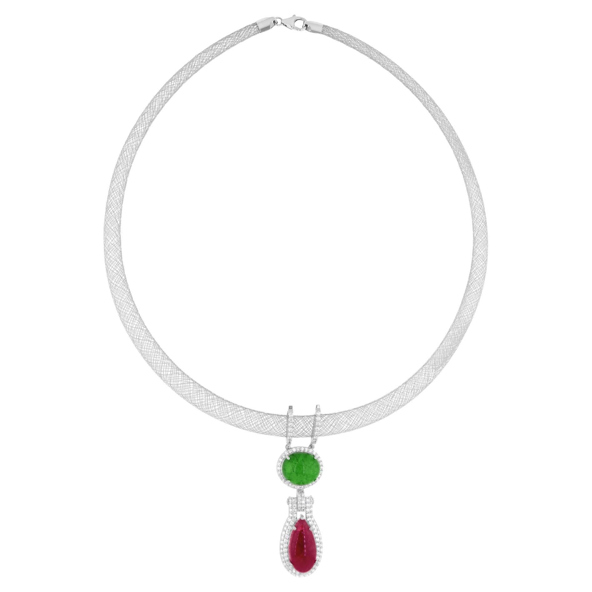 Collier à pendentifs en or blanc 18 carats avec diamants et tourmalines multiples en vente