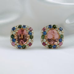 Pendientes de botón con halo de diamantes y turmalinas múltiples, diseño llamativo, oro amarillo de 18 quilates