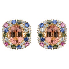 Multi Tourmaline Diamond Halo Stud Earrings Statement Design 18K Yellow Gold