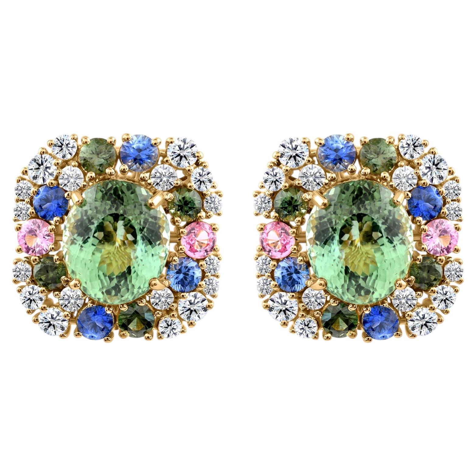 Multi Tourmaline Diamond Halo Stud Earrings Statement Design 18K Yellow Gold For Sale
