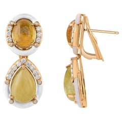 Multi Tourmaline Gemstone Dangle Earrings Diamond 14 Karat Yellow Gold Jewelry