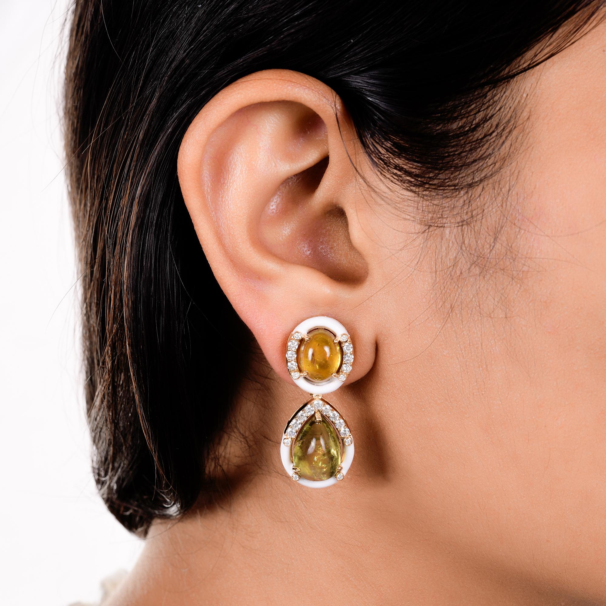 Oval Cut Multi Tourmaline Gemstone Dangle Earrings Diamond 18 Karat Yellow Gold Jewelry For Sale
