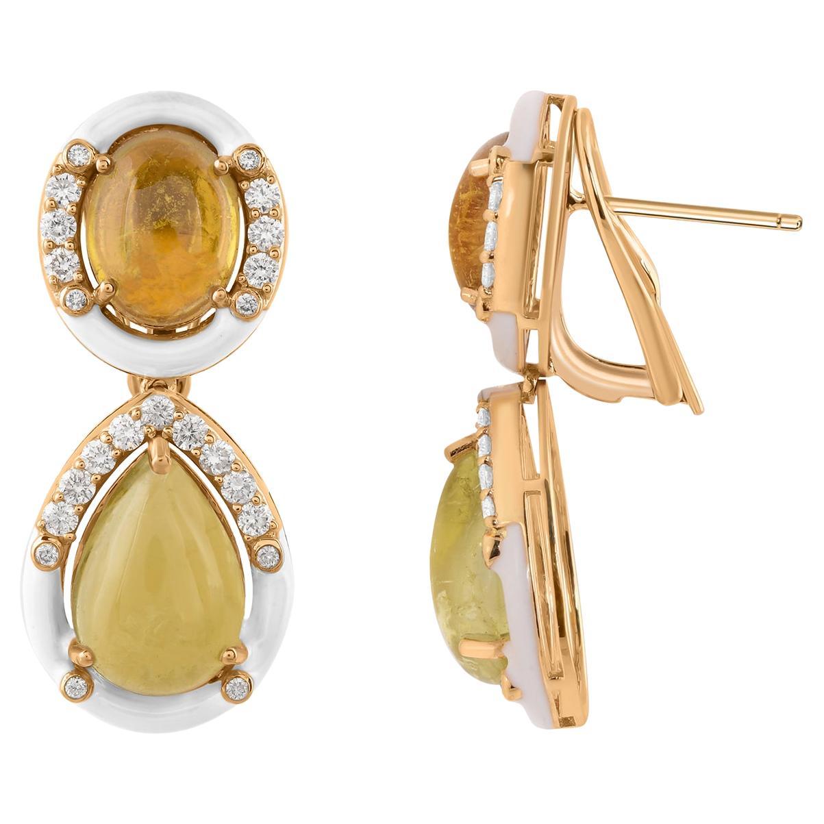 Multi Tourmaline Gemstone Dangle Earrings Diamond 18 Karat Yellow Gold Jewelry