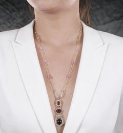 Multi Tourmaline Gemstone Diamond Long Drop Necklace 18 Karat Yellow Gold