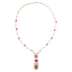 Multi Tourmaline Gemstone Diamond Long Drop Necklace 18 Karat Yellow Gold