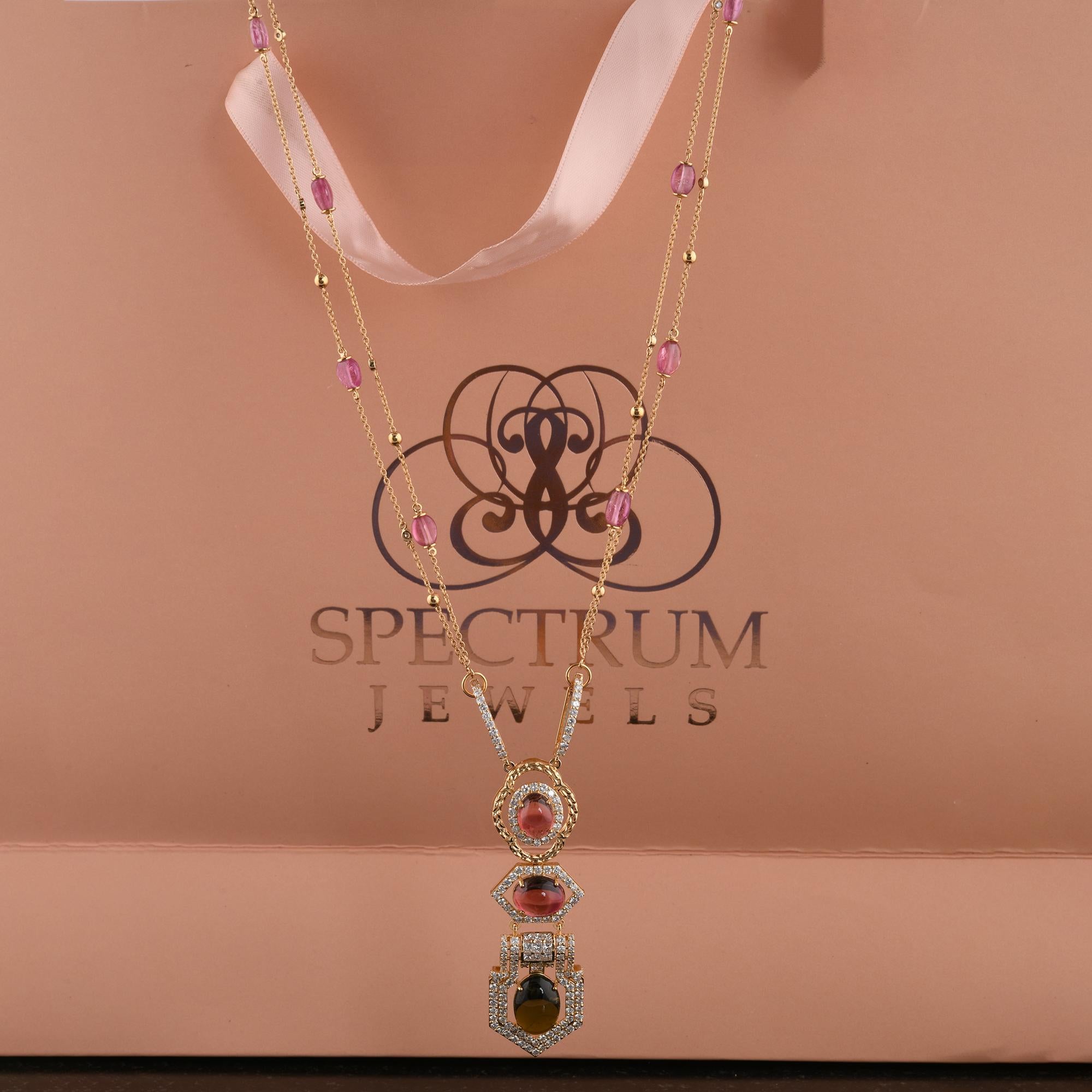 Women's Multi Tourmaline Gemstone Drop Necklace Diamond 14 Karat Yellow Gold Jewelry For Sale