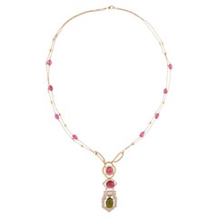 Multi Tourmaline Gemstone Drop Necklace Diamond 14 Karat Yellow Gold Jewelry
