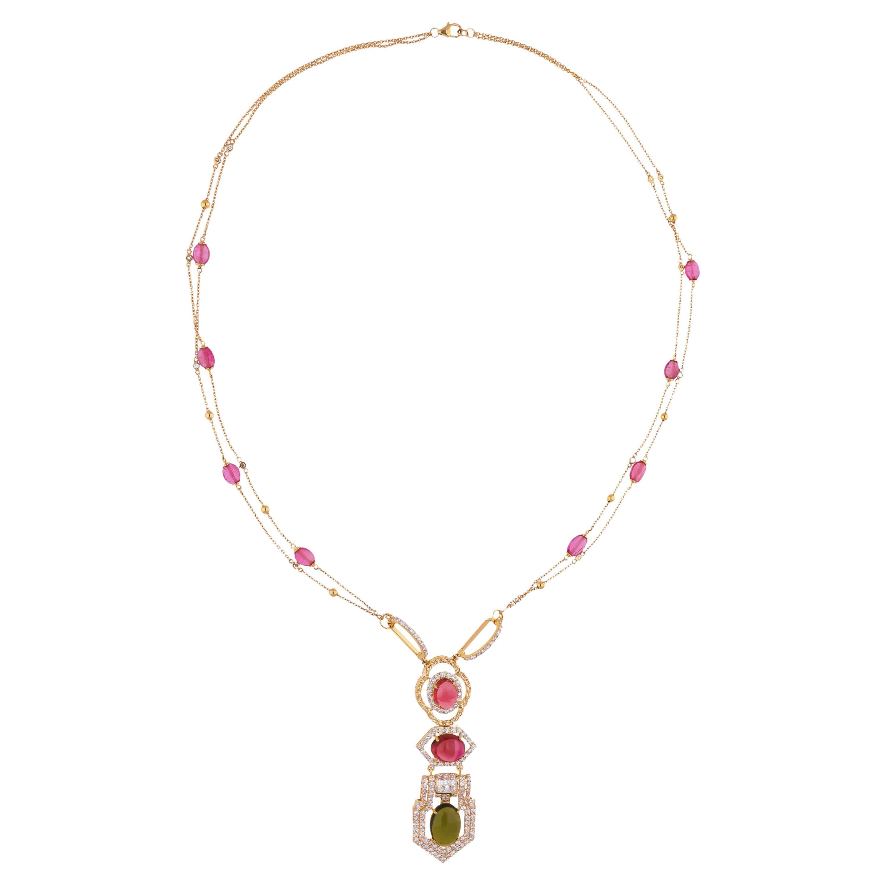 Multi Tourmaline Gemstone Drop Necklace Diamond 18 Karat Yellow Gold Jewelry For Sale