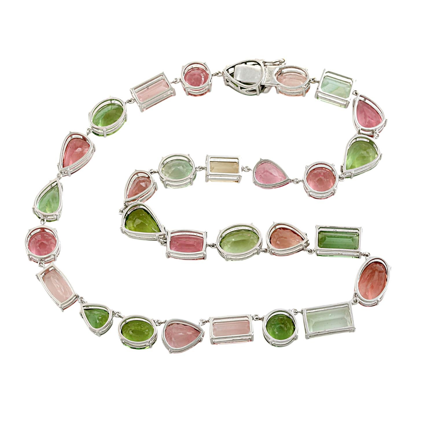 Artisan Mint & Pink Tourmaline Necklace Made In 14k White Gold For Sale