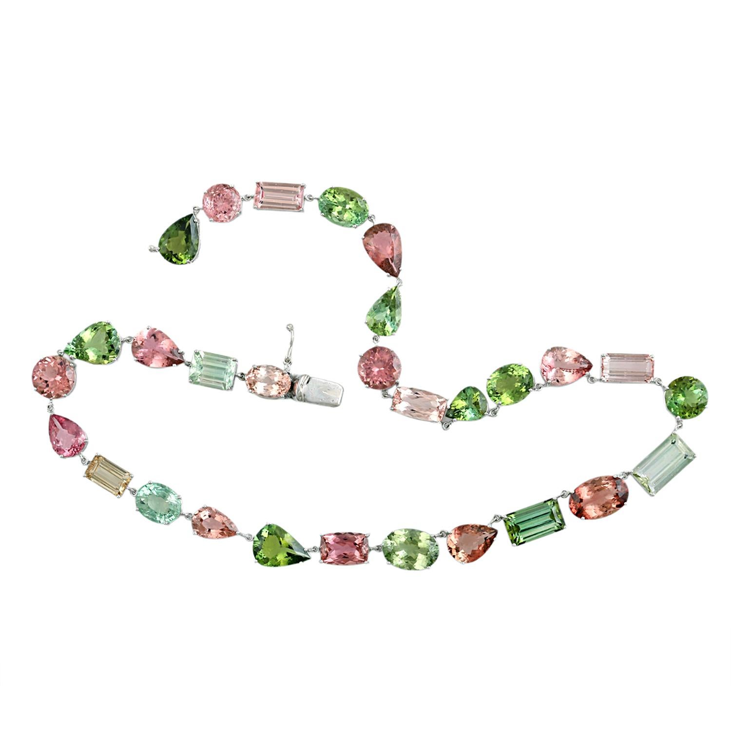 Mixed Cut Mint & Pink Tourmaline Necklace Made In 14k White Gold For Sale
