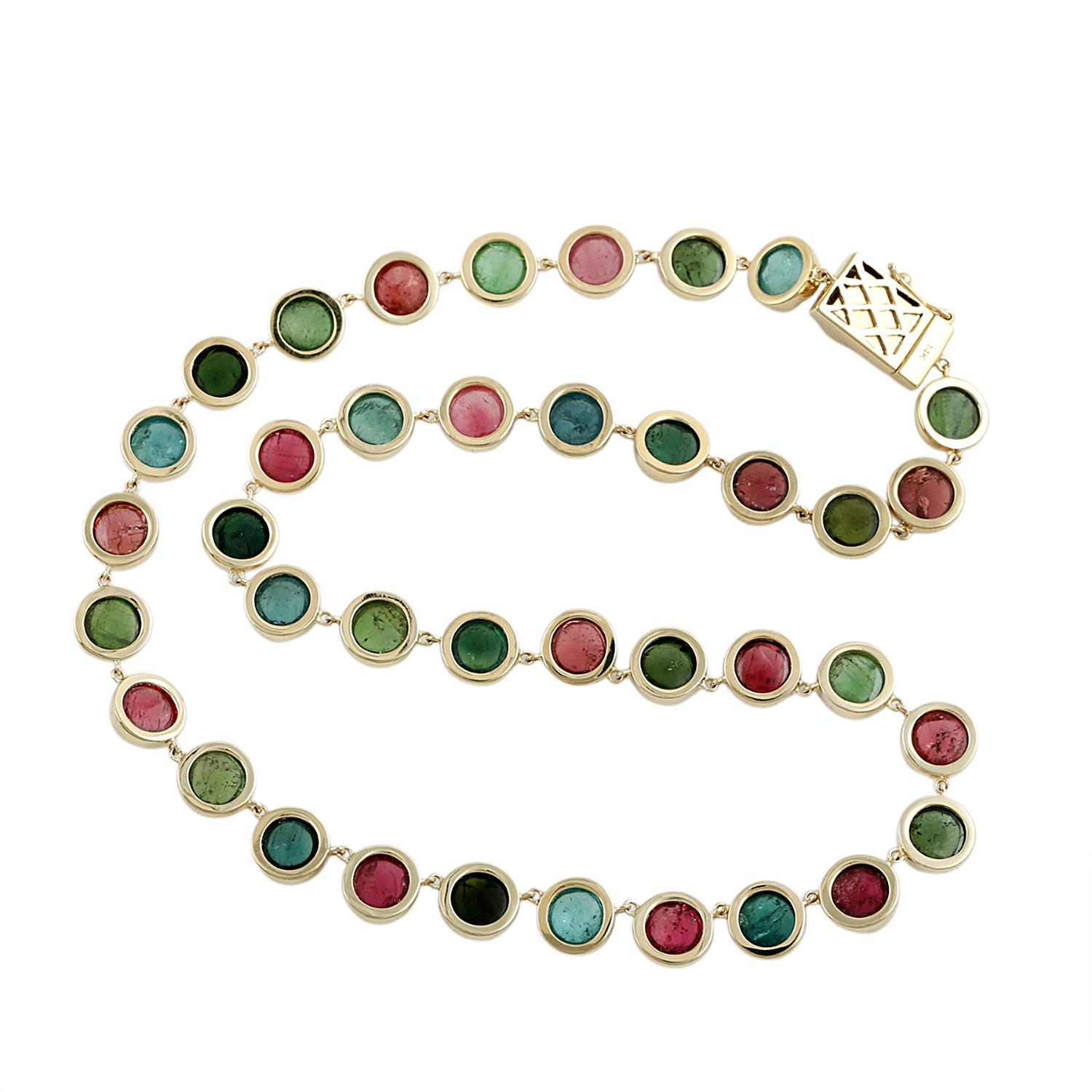 Mixed Cut Multi Tourmaline Necklace Made In 14k Yellow Gold For Sale