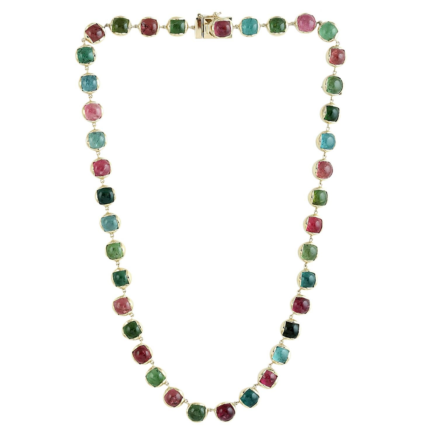 Multi Tourmaline Necklace Made In 14k Yellow Gold In New Condition For Sale In New York, NY