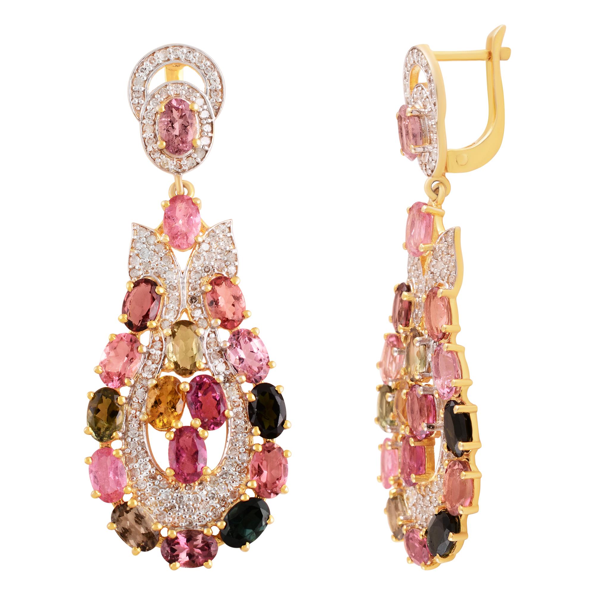 Cast from 14K gold & sterling silver, these beautiful drop earrings are hand set in 16.40 carats tourmaline and 1.47 carats of sparkling diamonds.

FOLLOW  MEGHNA JEWELS storefront to view the latest collection & exclusive pieces.  Meghna Jewels is