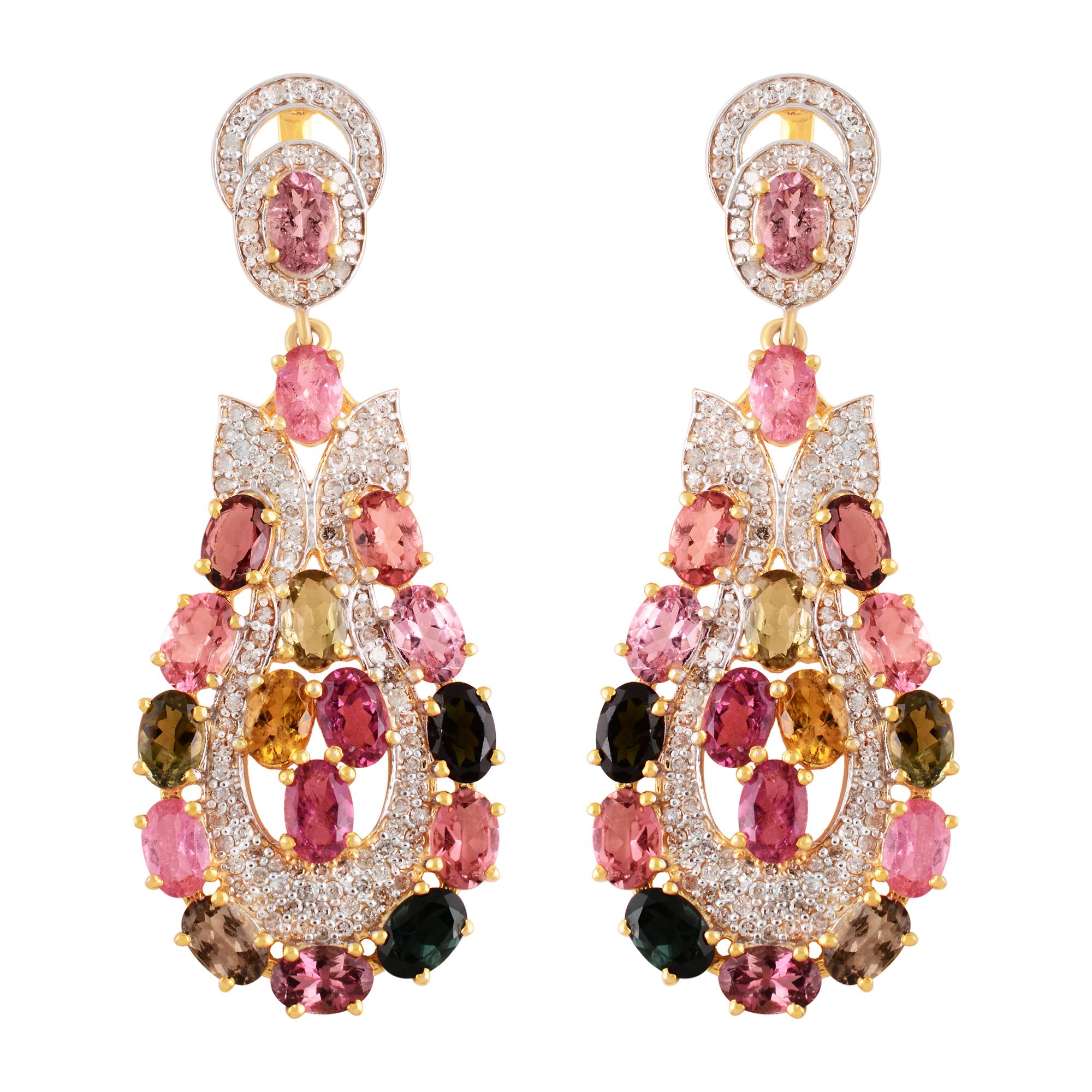 Contemporary Meghna Jewels Multi Tourmaline Paradise Diamond Drop Earrings  For Sale