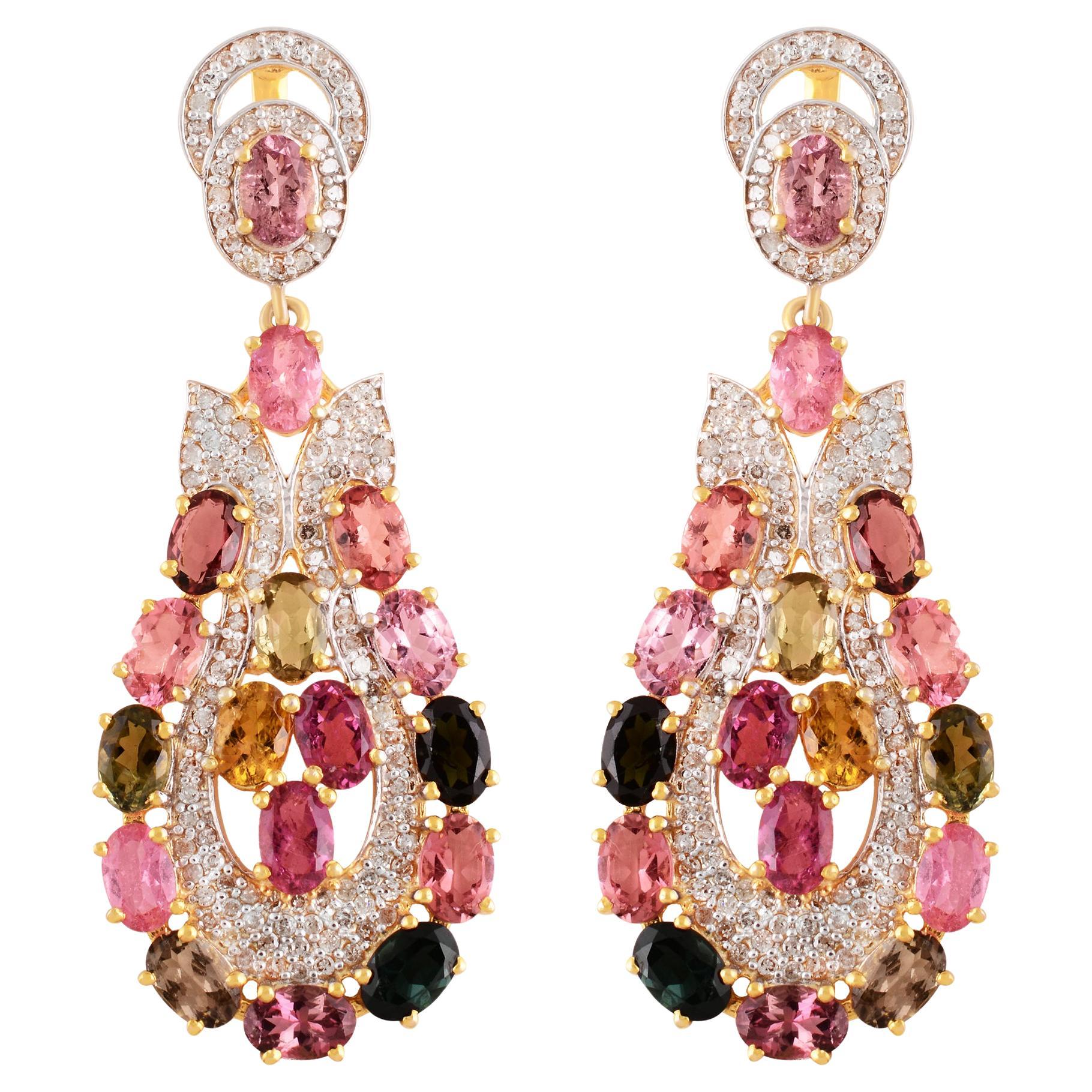 Meghna Jewels Multi Tourmaline Paradise Diamond Drop Earrings  For Sale